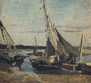 Trouville Fishing Boats Stranded in the Channel (mk40) camille corot